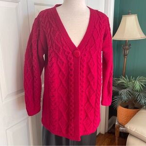 Aran Crafts 100% Merino Wool, Raspberry Cable Knit One Button Cardigan Sweater L